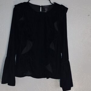 Black Velvet Belle Sleeve with Ruffle Detail and Keyhole Opening Holiday Top S
